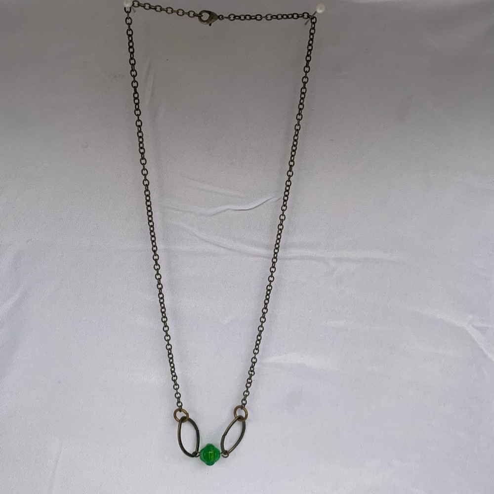 18” Brass Colored Necklace with Vintage Green Bead